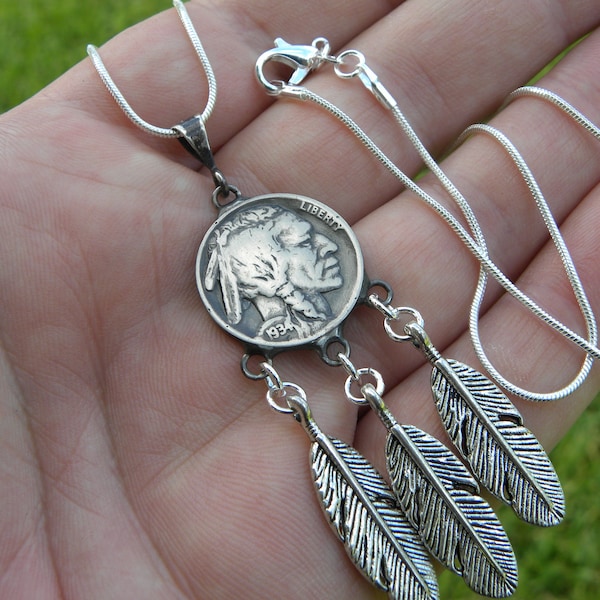 Dream catcher authentic Buffalo Indian Nickel coin feather  1920 1923 1924 1925 1926 1927 1928 1929 1930