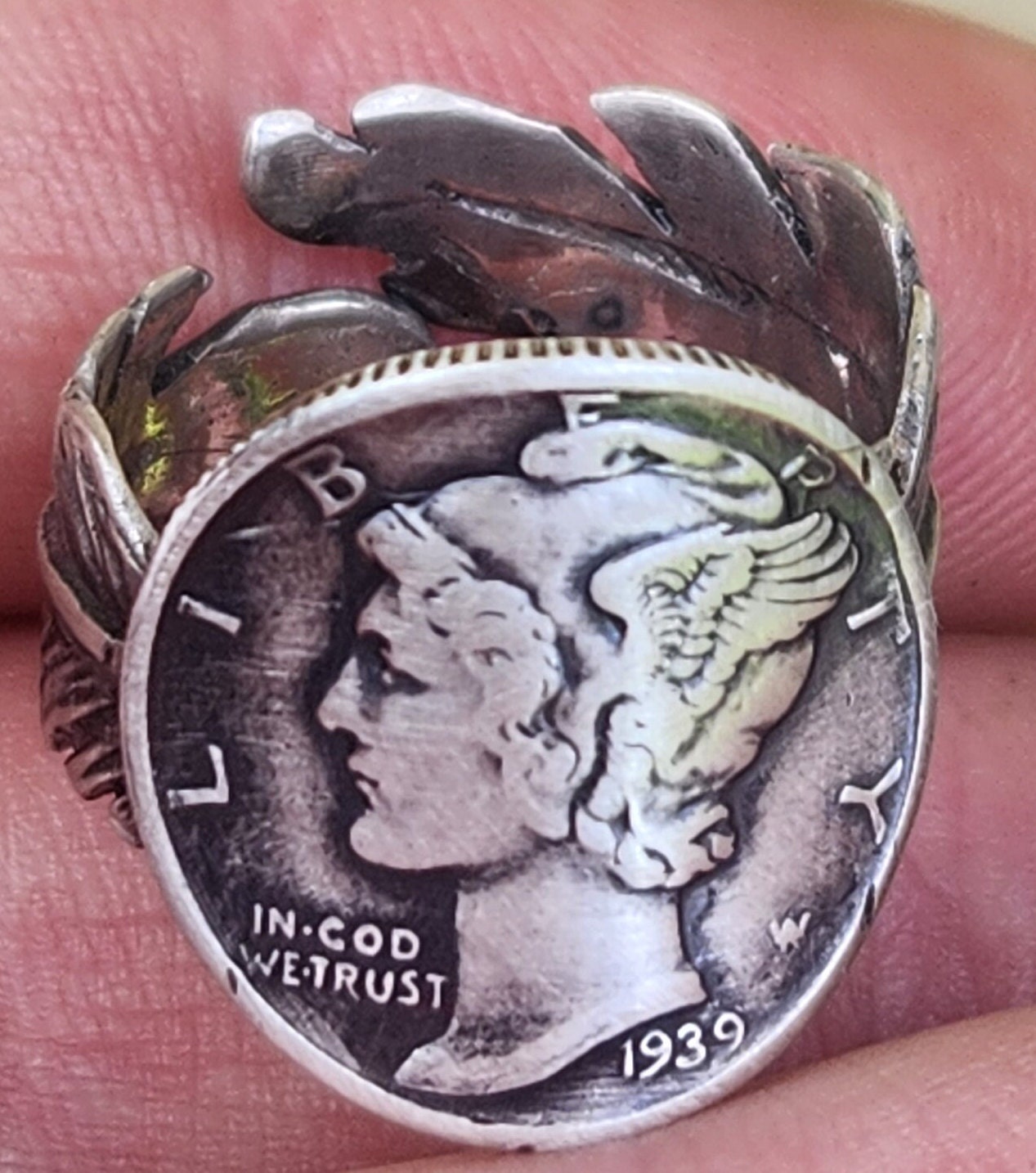 Authentic Mercury dime coin sterling silver ring adjustable feather available years 1936 1937 1938 1939 1940 1941 1942 1943 1944 1945