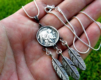 Authentic Buffalo Indian Nickel Coin Necklace Feather Pendant