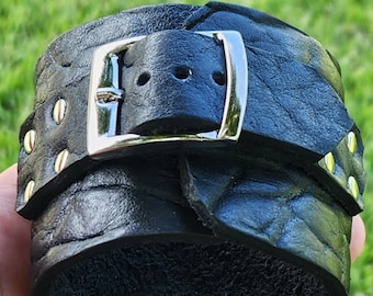 Handmade Black  Buffalo Bison Leather Cuff Bracelet - Adjustable Wristband