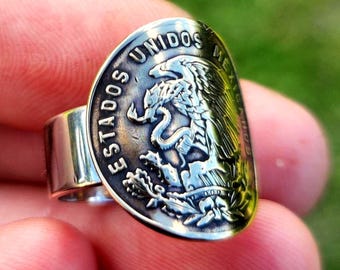 Anillo de plata esterlina con diseño de moneda mexicana del Cinco de Mayo, regalo navideño de 1957, 1948, 1959, 1960, 1961, 1963, 1964, 1965, 1966, 1967, 1968 y 1969.