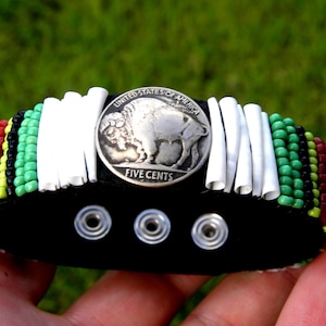 Cuff bracelet Buffalo Indian Nickel coin Bison leather genuine dentalium good luck shells multi color coral beads glass  red green black