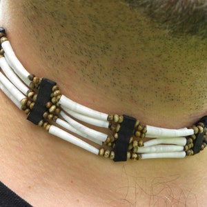 Men&#39;s Dentalium Shell Choker: Bison Leather Good Luck Necklace
