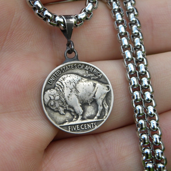 Authentic Buffalo Indian Nickel coin FULL HORN pendant men necklace 925 sterling silver bail stainless steel 4 mm box chain nice gift