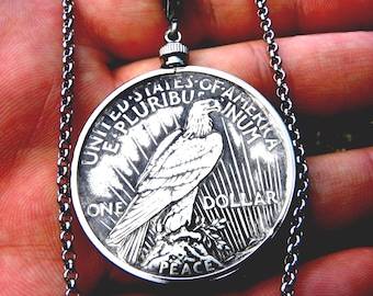 Silver Peace Dollar Necklace: Vintage Coin Pendant, Stainless Steel Chain