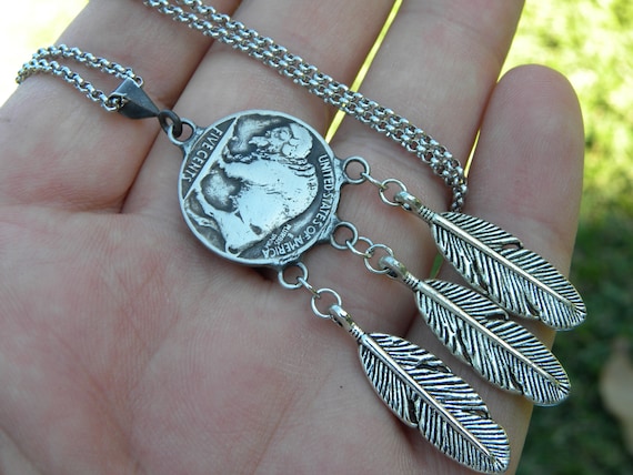 1935 Buffalo Nickel Coin Necklace: Indian Head, Feather Pendant