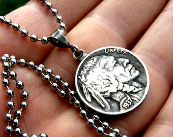 Buffalo Nickel Coin Halsband: Äkta indianhuvud, rostfri stålkedja