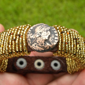 Ancient Roman Coin Cuff Bracelet: Gold Glass Beads, Bison Leather, Handmade