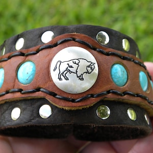 Handcrafted Bison Leather Bracelet: Sterling Silver Button, Turquoise Gemstone
