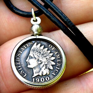 Indian Head Penny Coin Pendant Necklace - Leather Chain Biker Jewelry