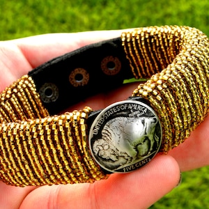 Cuff bracelet  authentic full horn Buffalo Indian Nickel coin Bison leather gold color glass bead for 7 inch to 7.5 inches wrist size in USA