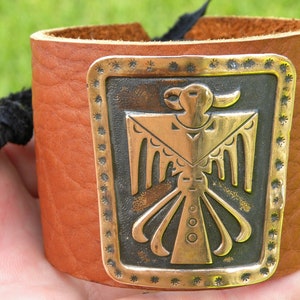 Handmade Bison Leather Cuff Bracelet: Thunderbird Brass Pendant