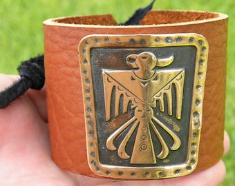 Handmade Bison Leather Cuff Bracelet: Thunderbird Brass Pendant