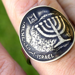 Menorah Signet Ring: Authentic Israel Coin, Sterling Silver Band