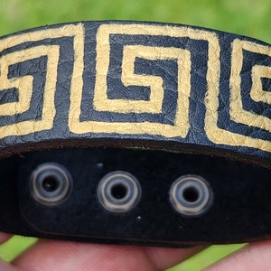 Black and gold color  hand painted design on Buffalo Bison leather bracelet art handcrafted customize to wrist size.