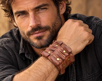 Genuine Alligator Leather Cuff Bracelet, Handmade Adjustable Bison Leather Band