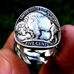 Buffalo Nickel Coin Ring: Sterling Silver Feather Band, Adjustable Size 9-11