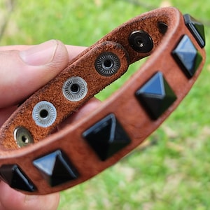 Handcrafted Bison Leather Cuff Bracelet: Black Pyramid Studs, Custom Size