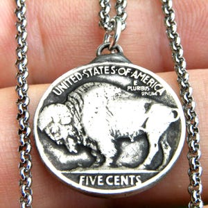 Authentic 1936  Buffalo Indian Nickel coin necklace  pendant  handmade stainless steel chain nice gift for Bison fans