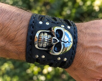 Handmade  Buffalo Bison Leather Cuff:  Biker Bracelet, Adjustable Wristband