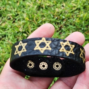 Handmade Black Buffalo Leather Bracelet: Gold Star of David, Custom Size