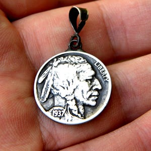 Authentic 1930 or 1934 or 1935 or 1936 or 1937  Buffalo Indian Nickel coin pendant  sterling silver jump ring and  bail handmade nice gift