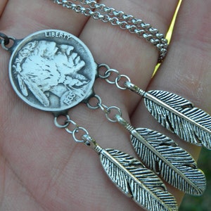 1935 Buffalo Nickel Coin Necklace: Indian Head, Feather Pendant