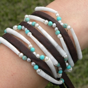Dentalium Shell Wrap Bracelet: Bison Leather, Turquoise & Pearl Beads