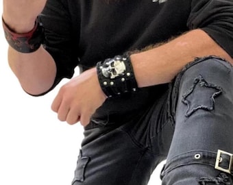 Handmade Buffalo Bison Leather Cuff Biker Bracelet adjustable
