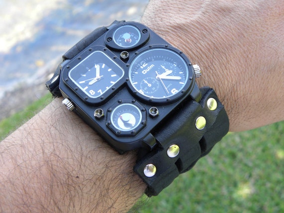 Steampunk Watch, Men's Watch, Leather Watch Cuff, Leather Wrist Watch ,  Bracelet Watch, Mens Gift, Anniversary Gift, Black, Engraved Watch 