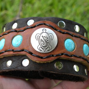 Vintage Sterling Silber Schildkröte Armband: Türkis Büffelleder Manschette