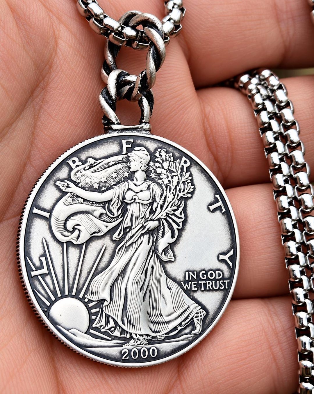 Genuine American Silver Eagle Coin Necklace 1 Oz .999 Silver 30