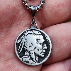 Men necklace pendant authentic Buffalo Indian Nickel coin  1920 1924 1925 1926 1927 1928 1929 1930 1934 1935 1936 1937 1938 Bison fans