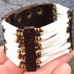 Handcrafted Shaman Cuff Bracelet: Dentalium Shells, Buffalo Leather, Bones