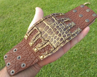 Handmade Alligator & Bison Leather Cuff Bracelet - 7.5 Inch Wrist