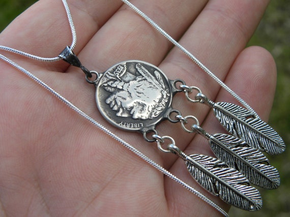 1935 Buffalo Nickel Coin Necklace:feather Pendant