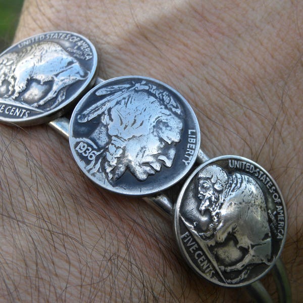 Authentique bracelet manchette pièce de monnaie en nickel indien Buffalo beau cadeau d'anniversaire 1930 1934 1935 1936 1937 1938 Motards fans de bisons