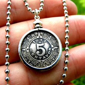 Authentic  circulated old Mexican coin 5 centavos Aztec calendar  1937or  1938 or 1940 or 1942  coin necklace ball chain