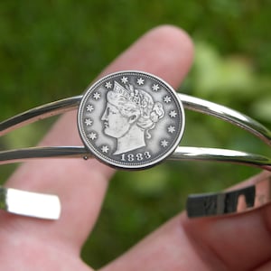 Authentic 1883 Liberty V Nickel coin adjustable silver plated bracelet
