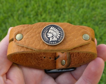 Handmade Buffalo Leather Cuff Bracelet: Indian Head Penny Coin