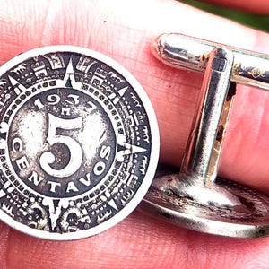 Aztec Maya Calendar Coin Cufflinks: Authentic Mexican 5 Centavos (1937, 1940, 1942)