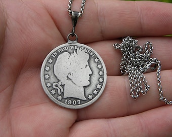 1907  authentic silver Barber Half dollar  coin necklace  pendant nice gift