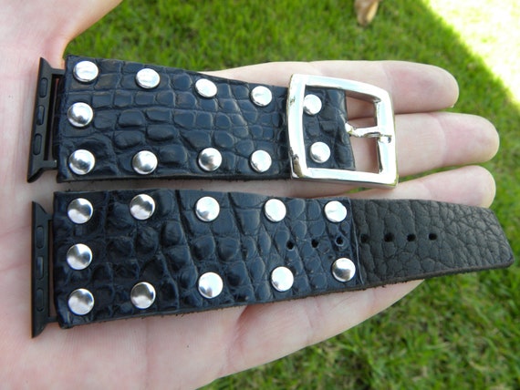 NEW Black/Silver Alligator Leather Apple Watch Band Apple Watch Black Alligator Grain Leather Watch Band  main image 2