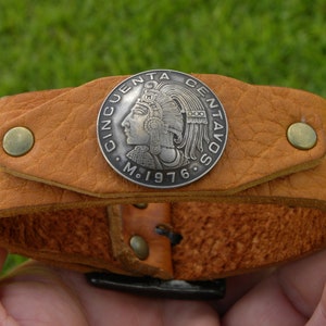 Handmade Bison Leather Cuff Bracelet: Authentic Mexican Coin, Adjustable