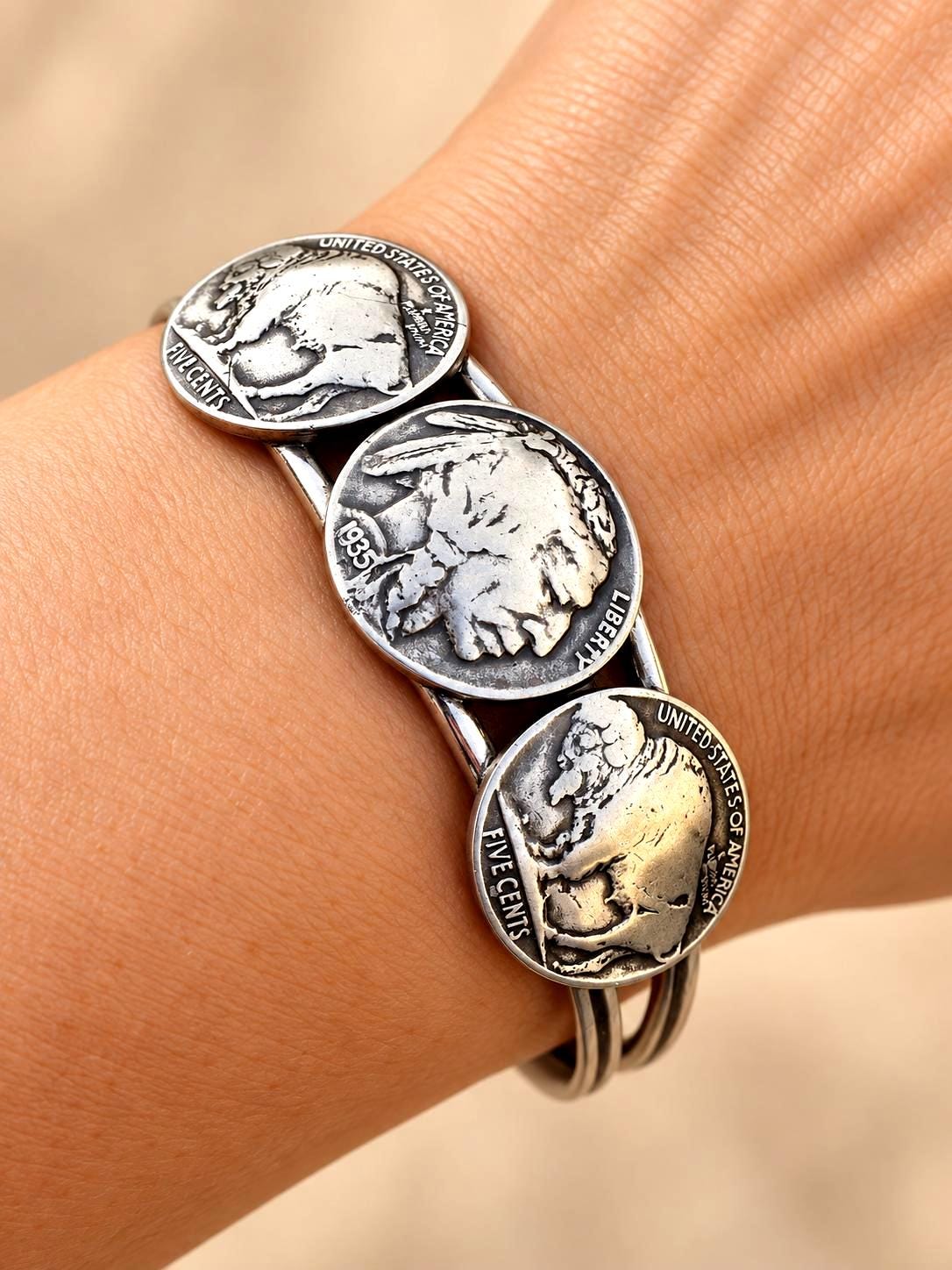 Genuine Authentic Buffalo Nickel Coin Cuff Bracelet: Silver Plated