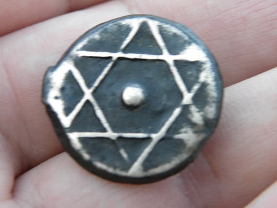 Ancient Star of David Bronze Coin Brooch - Morocco Falus 1858