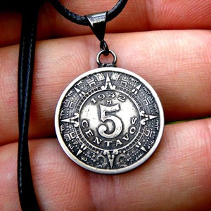 Authentic  circulated old Mexican coin 5 centavos Aztec calendar coin necklace  1937 or 1938 or 1940 or 1942 leather chain