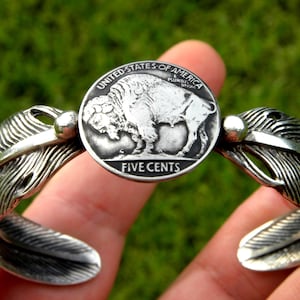 Cuff Bracelet authentic Buffalo Indian Nickel coin full horn feather wing solid 925 sterling silver adjustable  gift for Bison fans