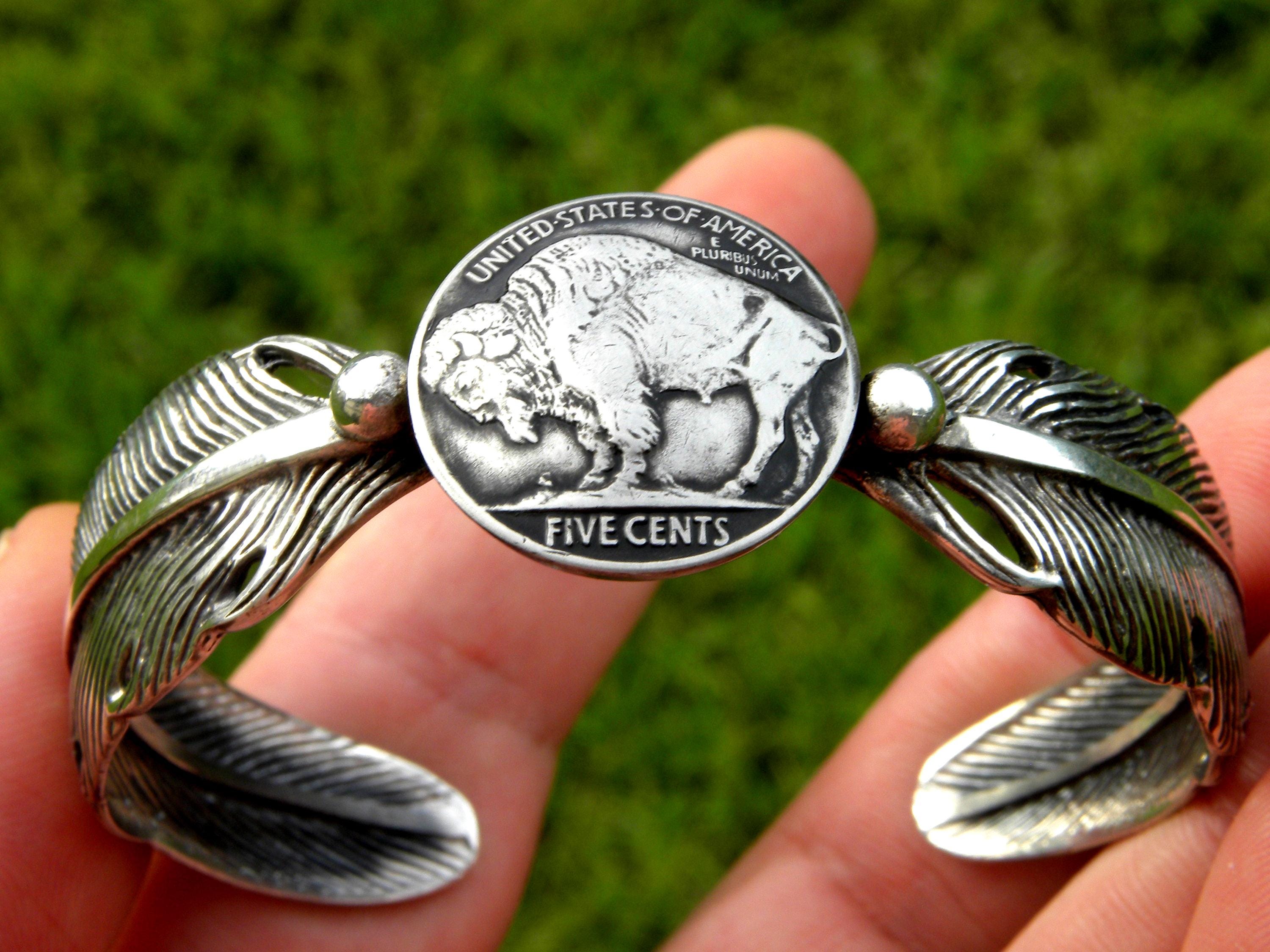 Buffalo Nickel Coin Cuff Bracelet: Feather Design, Sterling Silver