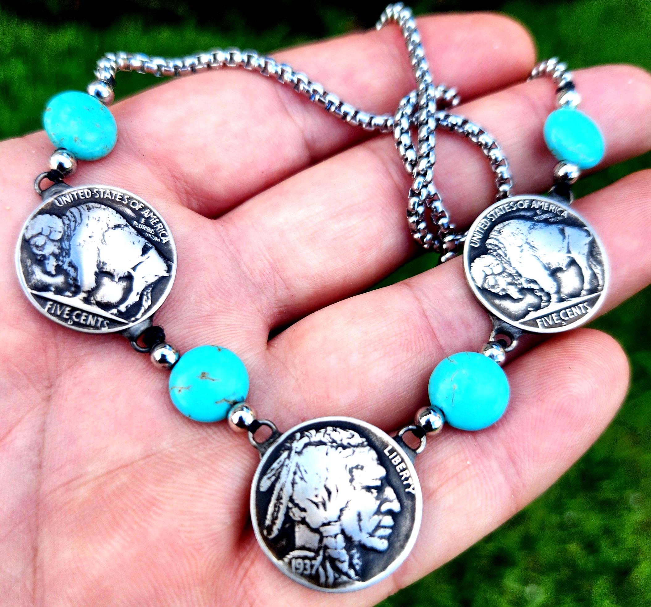 Vintage 1937 Authentic Buffalo Indian Nickel Coins Turquoise